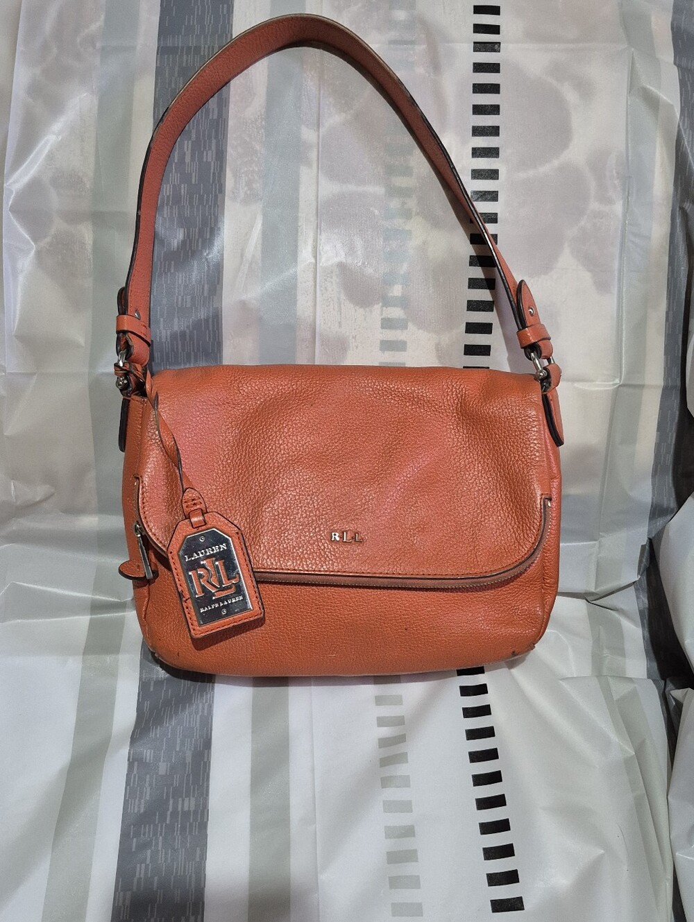 Ralph Lauren RLL Orange Pebbled Leather Shoulder Bag